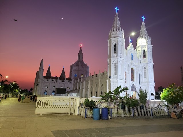 Velankanni Basilica church at dusk